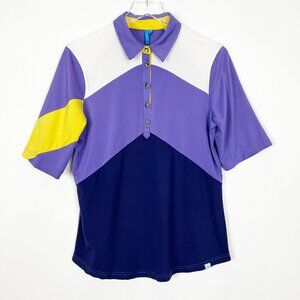 GG Blue Top Womens L Purple Blue White Yellow Colorblock Golf Tennis Pickle Ball